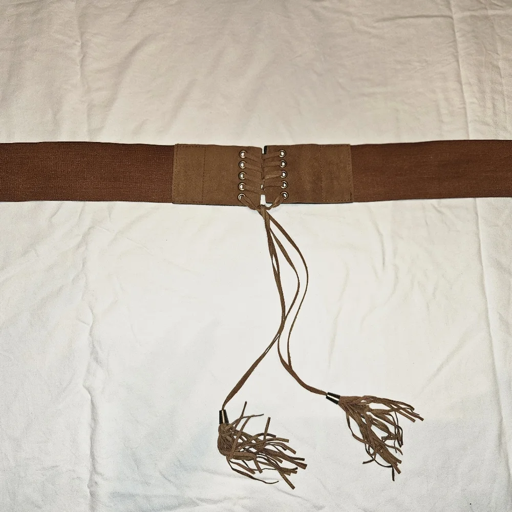 Boho Stretch Waist Belt Brown Elastic Faux Leather Lace Up Tassel Size M
